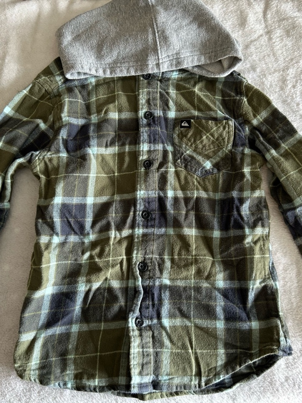 Quiksilver Olive Green Plaid Hooded Shirt with Gray Hood